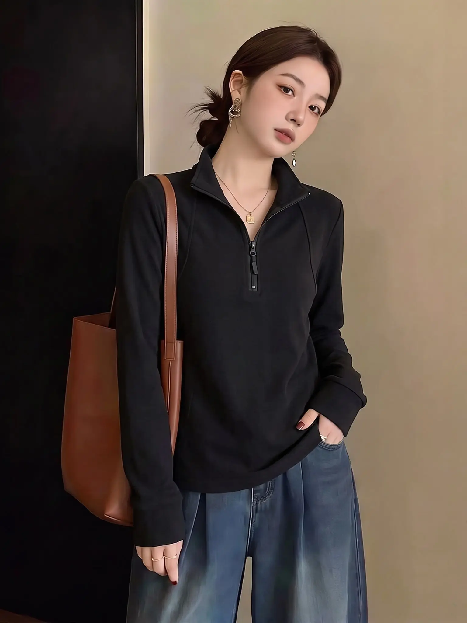 Hong Kong Style Long Sleeve Half Open Collar Black Sweatshirt T-Shirt Women's plus Size Comfortable Slimming Inner Wear Top