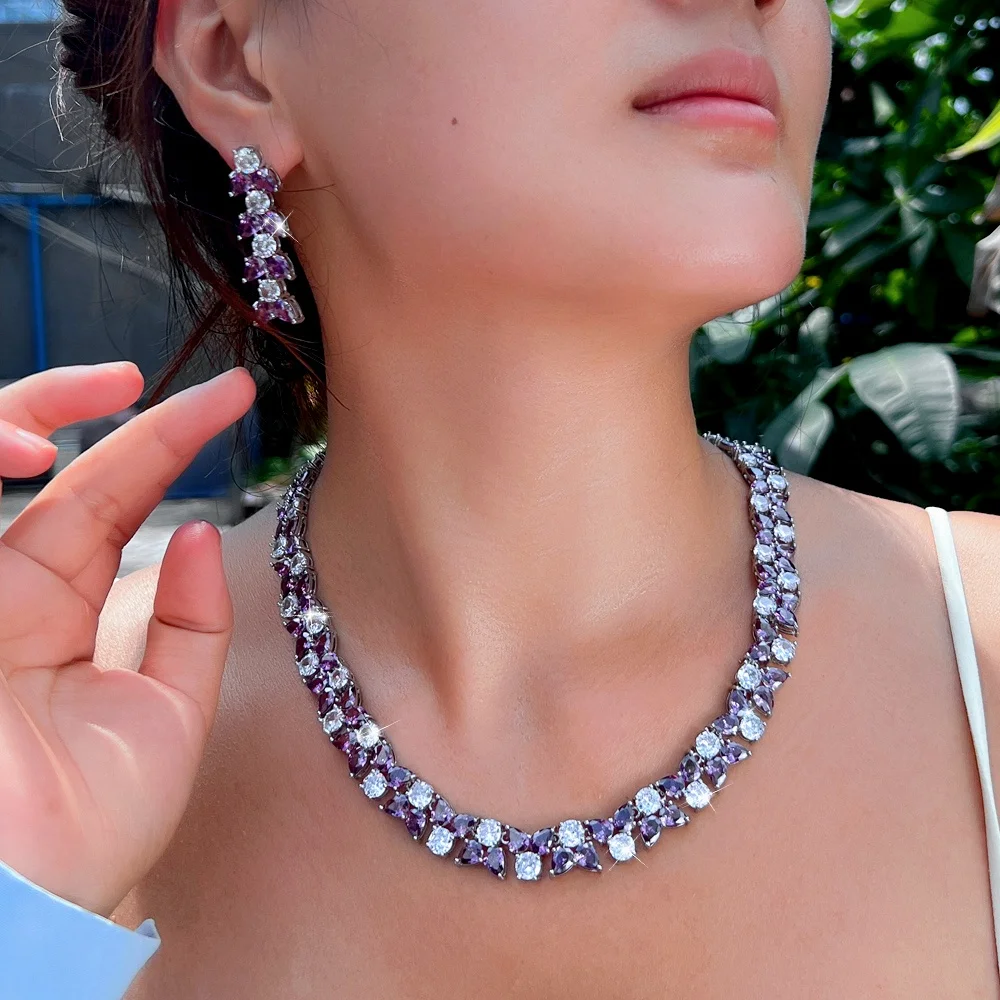Pera Gorgeous Purple White Zirconia Geometry Shape Choker Necklace Earrings Set for Brides Nigerian Wedding Jewelry Party J080