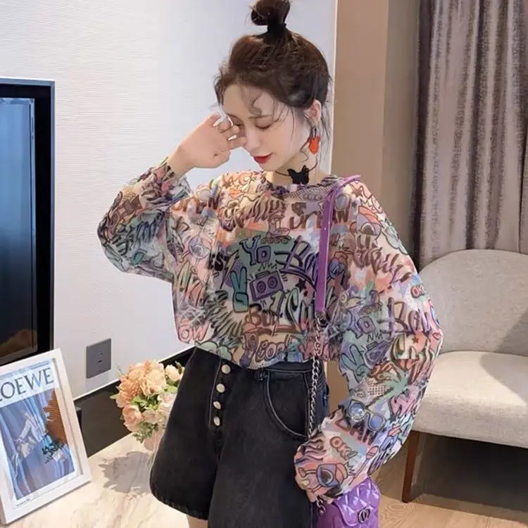 تي شيرت نسائي متعدد الاستخدامات بأكمام طويلة للصيف بنكهة هونج كونج ملابس فضفاضة ذات قميص سفلي ملابس شيفون #3