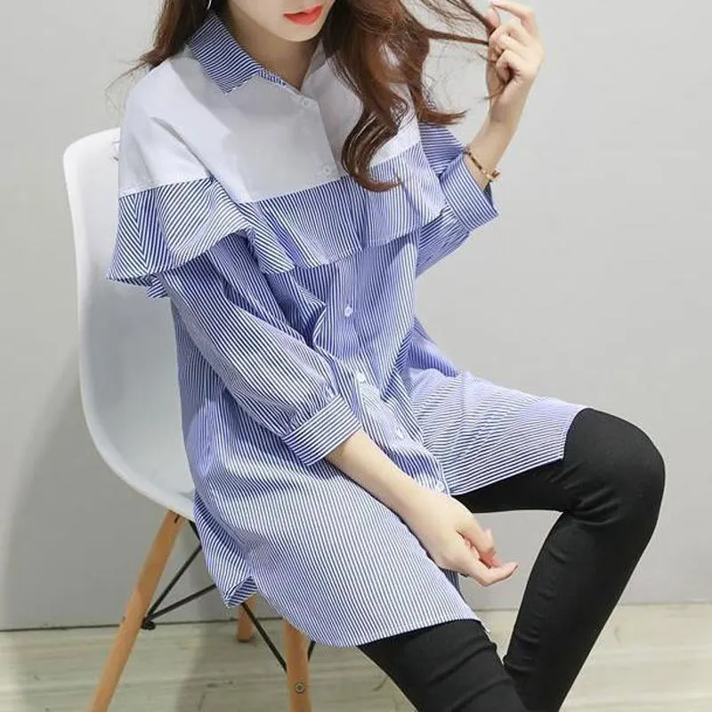 Korean Striped Midi Shirt Printed Stylish Ruffles Spliced Spring Summer Casual 3/4 Sleeve Female Clothing Single-breasted Blouse