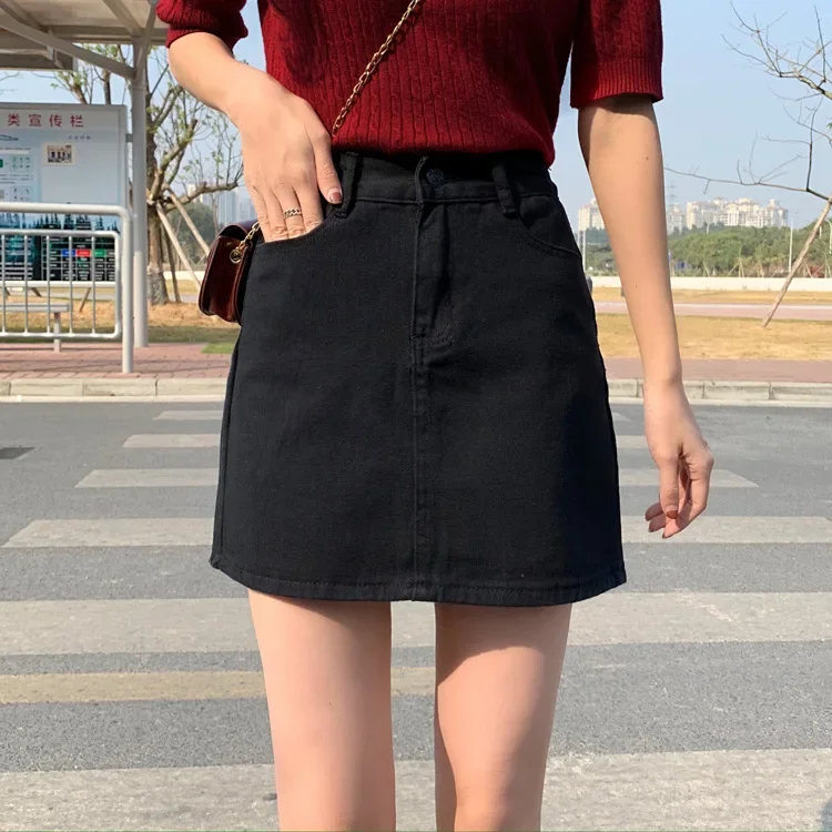 2023 Summer Women High Waist Black Jeans Skirt Indie Casual Solid Color A-line Mini Skirts Korean Package Hip Jeans Skirt Y2k