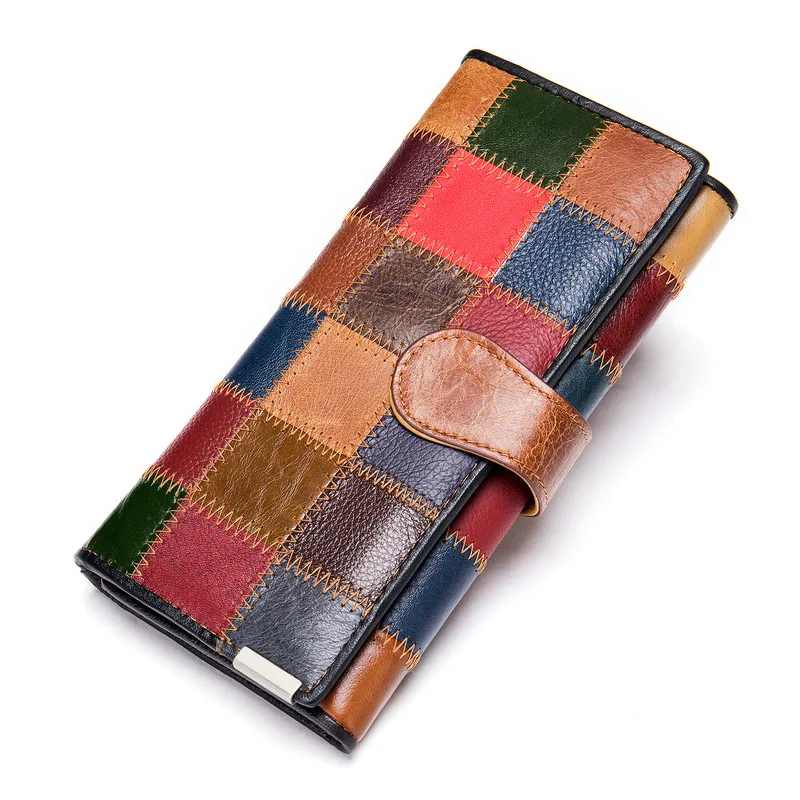 Women's Cowhide Leather Wallet Color Block Patchwork Multi-Cards Large Capacity Ladies Long Clutch Purse