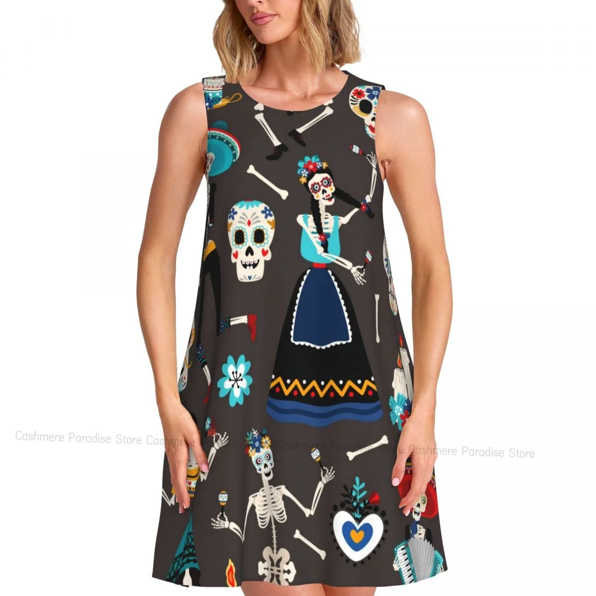2025 Women's clothing Dresses Skeletons With Roses Day Of The Dead Round Neck Sleeveless Length Dress