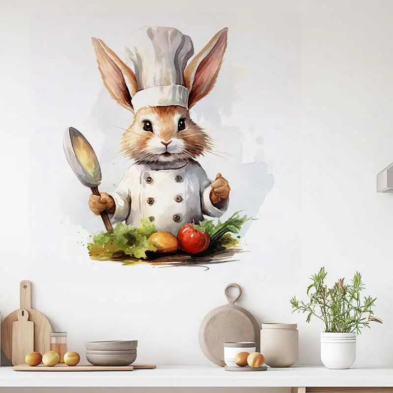Cute Chef Rabbit Wall Stickers Kitchen Decoration Dining Room Living Room Cabinet Refrigerator Home Decoration Decals M1505