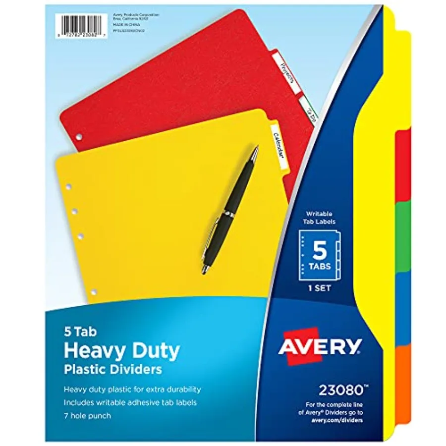 

Heavy-Duty Plastic Dividers for 3 Ring Binders and 7 Ring Binders, 5-Tab Set, Multicolor with White Labels, 1 Set 23080