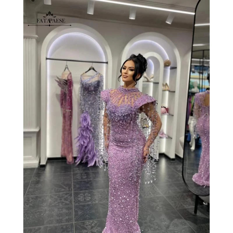 

FATAPAESE Luxury Beads Tassel Evening Dresses Glitter Stones Pearls Long Prom Dresses Wedding Party Dress for Engagement
