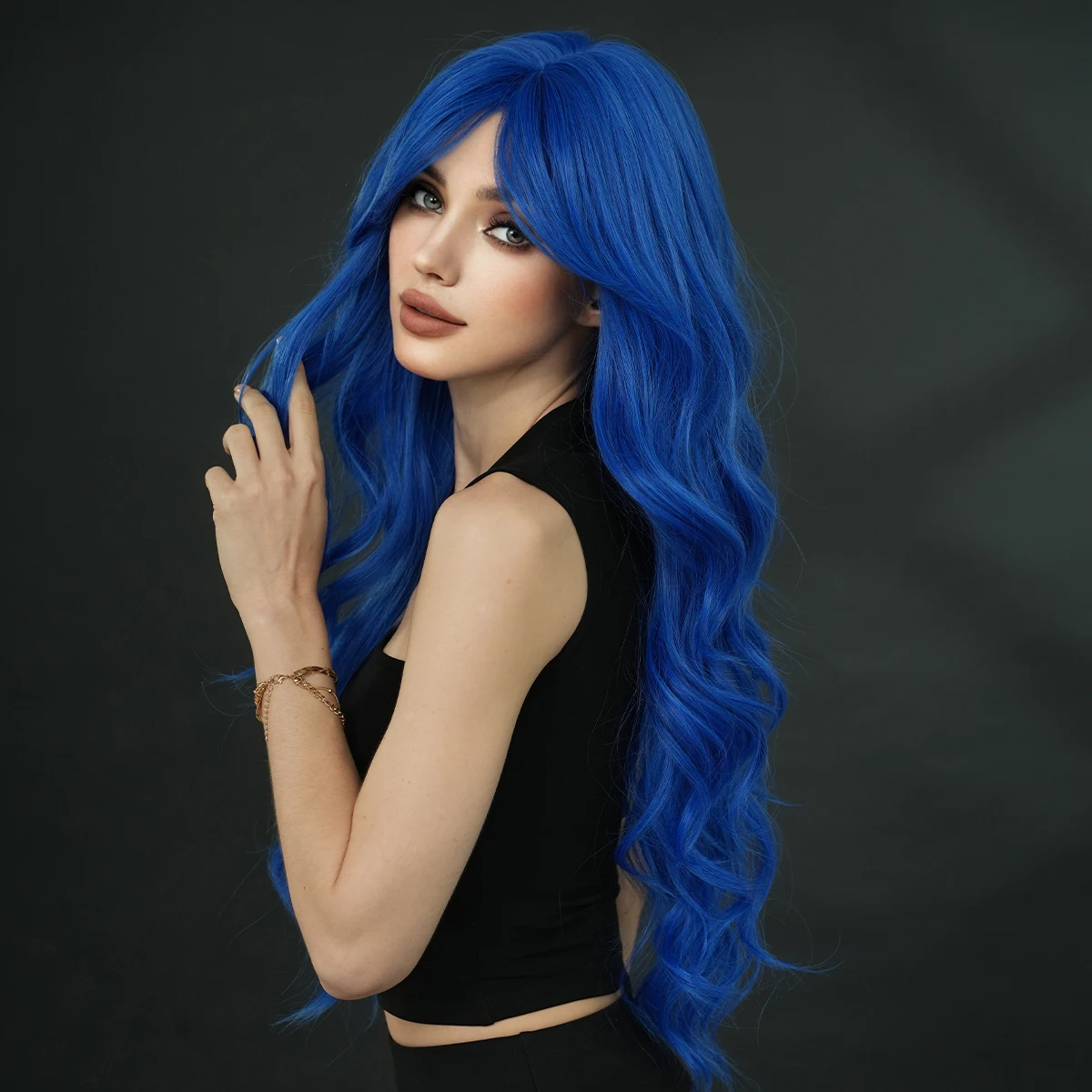 Long Body Wave Blue Wig for Women Modest Fashion Middle Part Wigs with Curtain Bangs High Density Synthetic Fiber Fake Hair