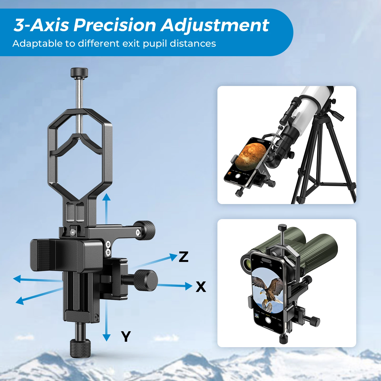 Adaptador de Telescopio para Smartphone APEXEL - Tridapto, Soporte Metálico de 3 Ejes para Telescopio, Adaptador para Binoculares, Monoculares y Microscopios
