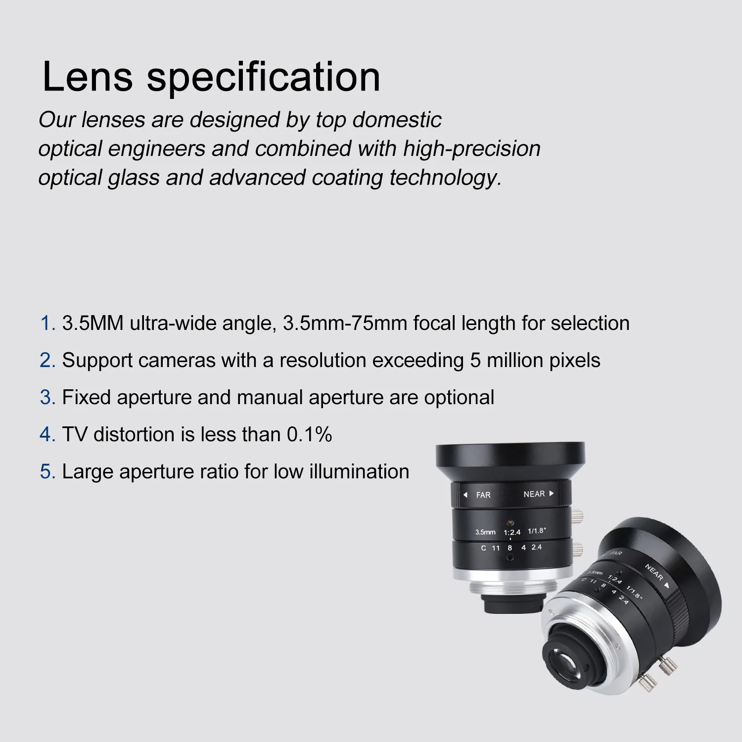 الرجعية والحد الأدنى تصميم بسيط 4mm-75mm خط المسح عدسة HD-FA0820-5M خط مسح العدسة الصناعية