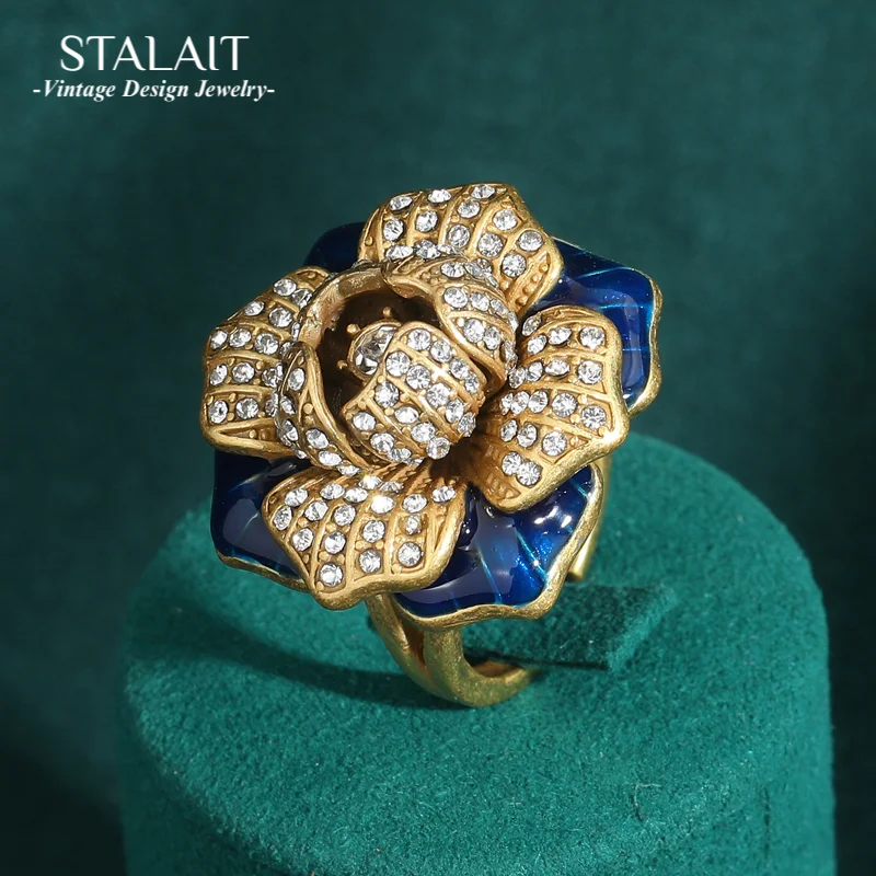 

Romantic 3D Full Rhinestones Rose Flower Vintage Rings Gold Color Camellia Blue Enamel Luxury Designer Copper Jewelry for Women