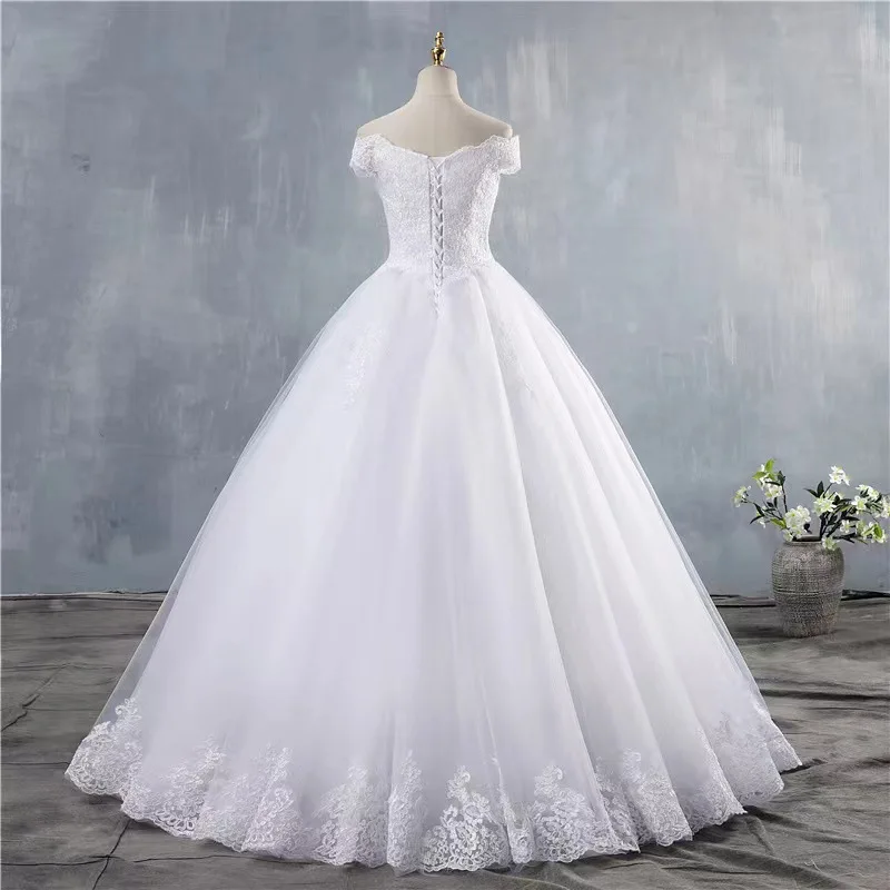 FNBQ-180 # abiti da sposa di lusso gratis Plus Size personalizzato Lace Up scollo a barca bianco puro all'ingrosso abito da ballo sposa sposa sposa Party