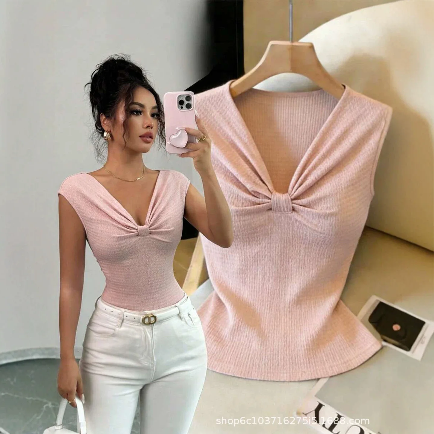 2026 Summer Women's Pink V-knot Sleeveless Top Ribbed Slim Fit Tank Top Summer Maxi Dress Y2k、 Outfits Bandage Sexy