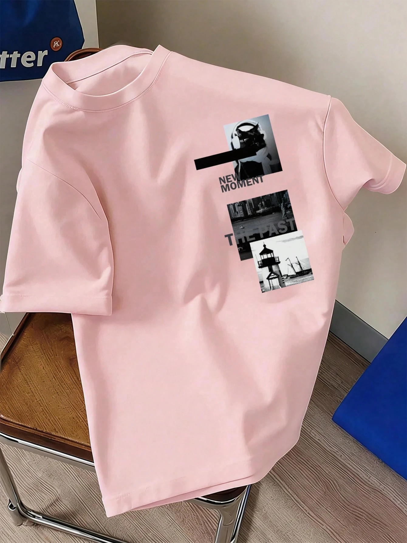 Men's Modern Streetwear Vintage Cat & Lighthouse Patchwork Crew Neck Short-Sleeve T-Shirt