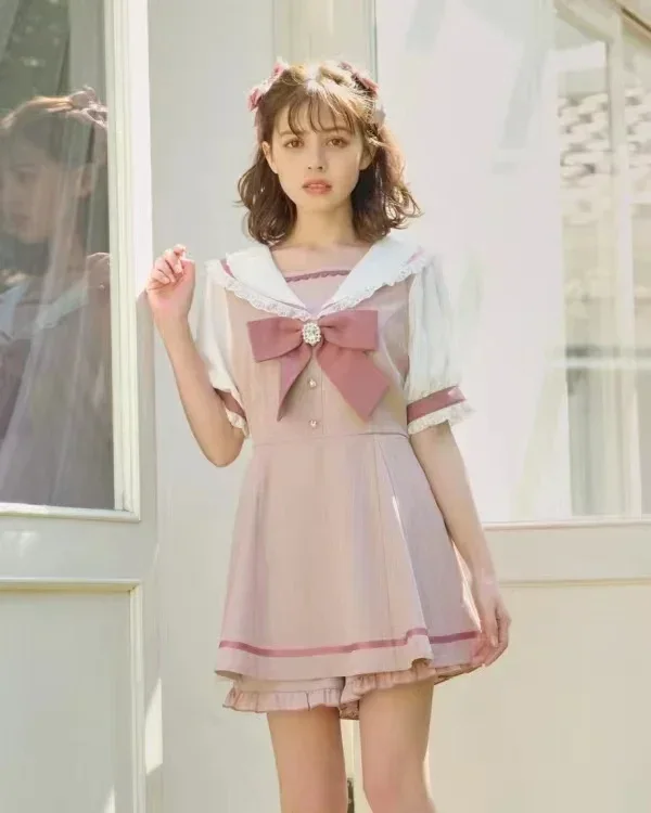 

Rojita Japanese Sailor Collar Long Sleeve Dress for Women Spring Summer Sweet Lolita Bow Dress Shorts Suit