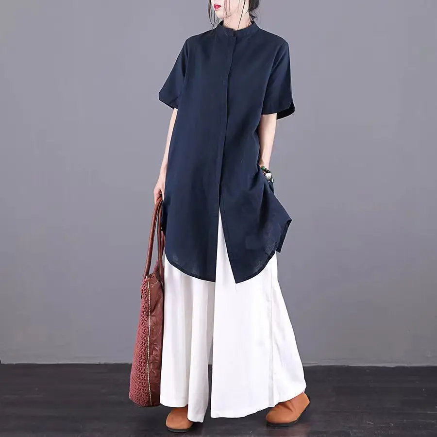 Two-piece Suit Women's Cotton And Linen Shirt Mother Outfit Summer Loose Large Size Long Cardigan Blouse Wide-leg Pants Sets