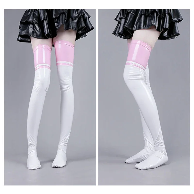 Chaussettes longues brillantes en latex pour femmes, cuir patte de chat mignon, cuisse haute, club de fête, cosplay, lingerie sexy, bas de combinaison maigre