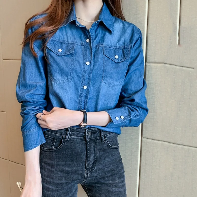 Women Jean Shirts Cowboy Long Sleeved College Style Slim Versatile Denim Female bottoming Shirt