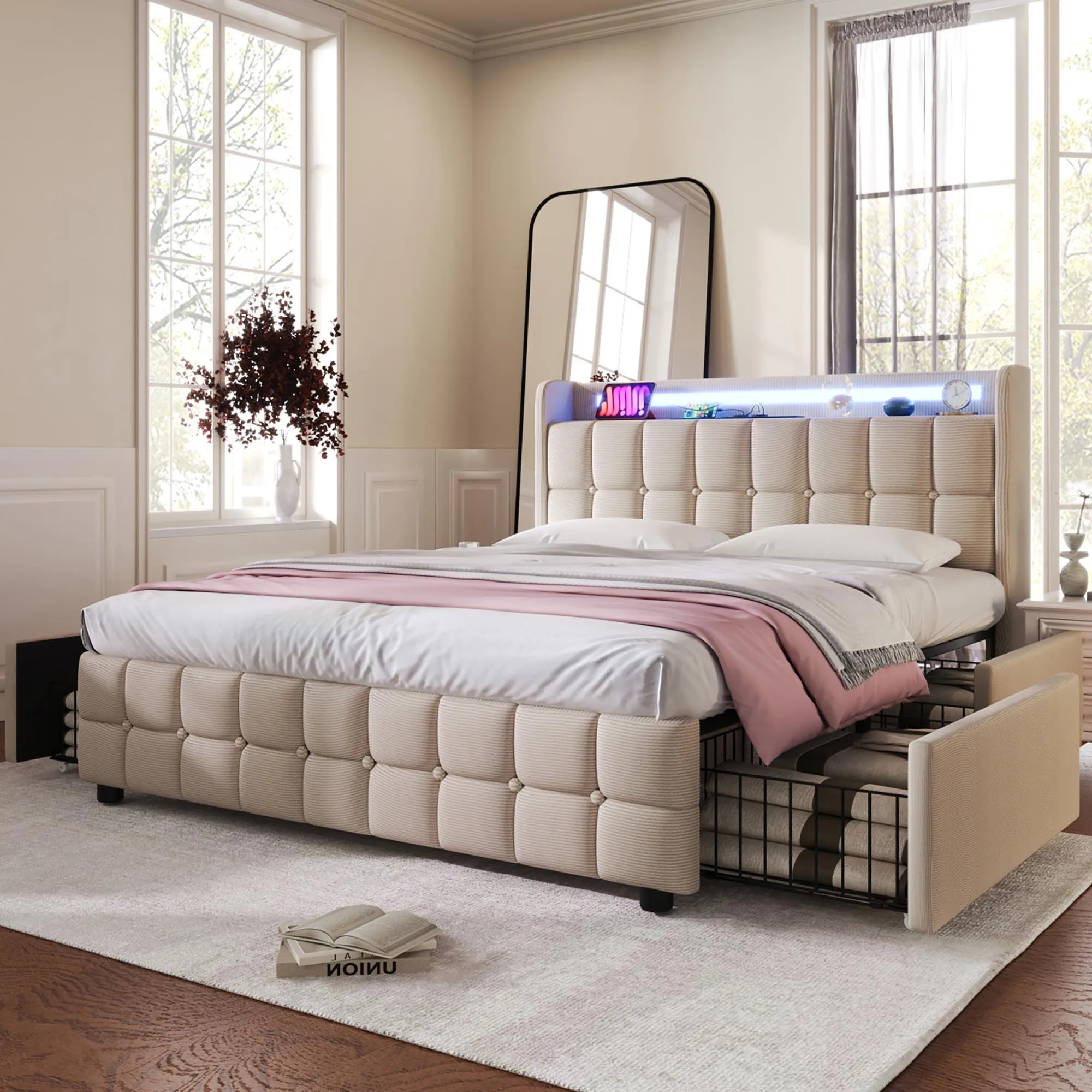 180x200cm Double Bed Wooden Slatted Frame, Upholstered Bed Frame with USB Charging Port, LED Lighting and 4 Drawers