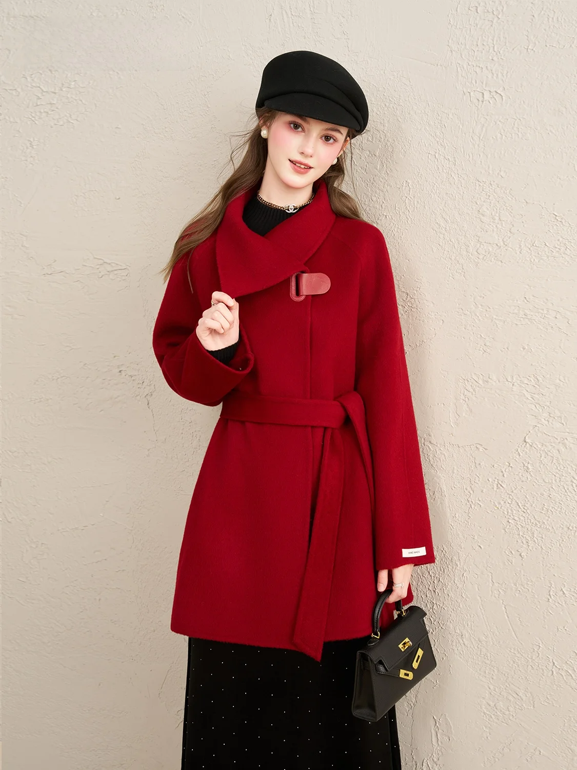 

Элегантное красное шерстяное пальто для женщин, зимнее теплое двустороннее пальто-жакет из кашемира, модная верхняя одежда
