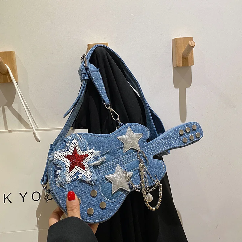 Original Vintage Guitar Shape Mini Crossbody Bags Blue Denim Star Decoration Small Box Purses with Diamond Chain for Womne