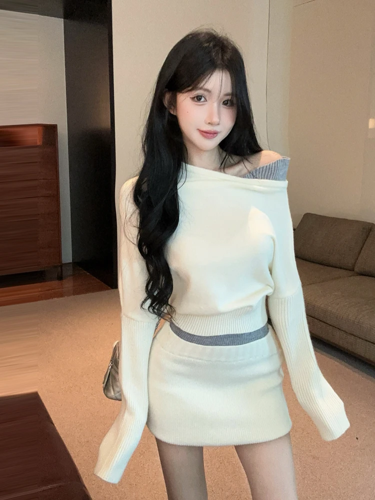 Korean Style Long Sleeve Sweater And  Skirt Two Piece Set Women's Fashion Ageless Side Collar Overhead Casual Wear