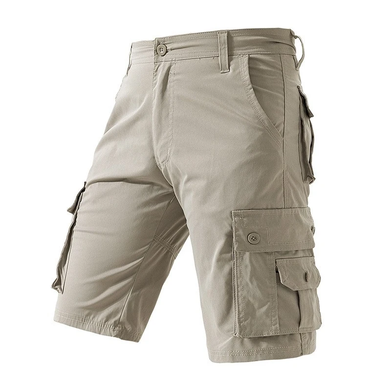 Men's summer Japanese heavyweight washed solid color multi pocket workwear shorts casual sports five quarter pants
