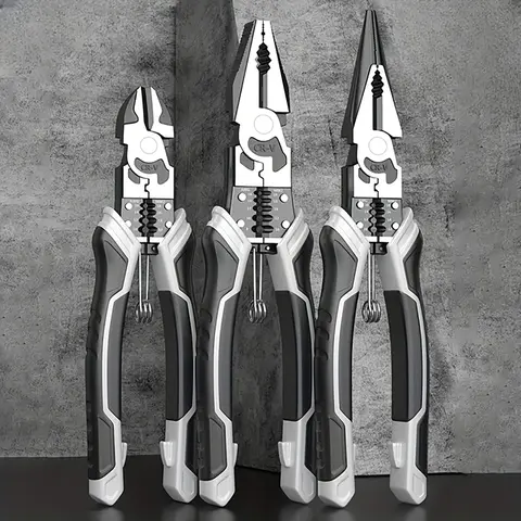 3PCS Pliers Set, 9/8 inch 6 in 1 Multifunctional Wire Stripper Crimper Cutter, Long Nose Pliers, Diagonal Side Cutting Pliers