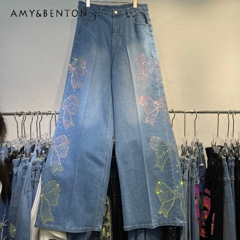 

Unique Design American Style Women's Jeans Fashionable Retro Trendy High-waisted Butterfly Rhinestone Loose Wide-leg Denim Pants