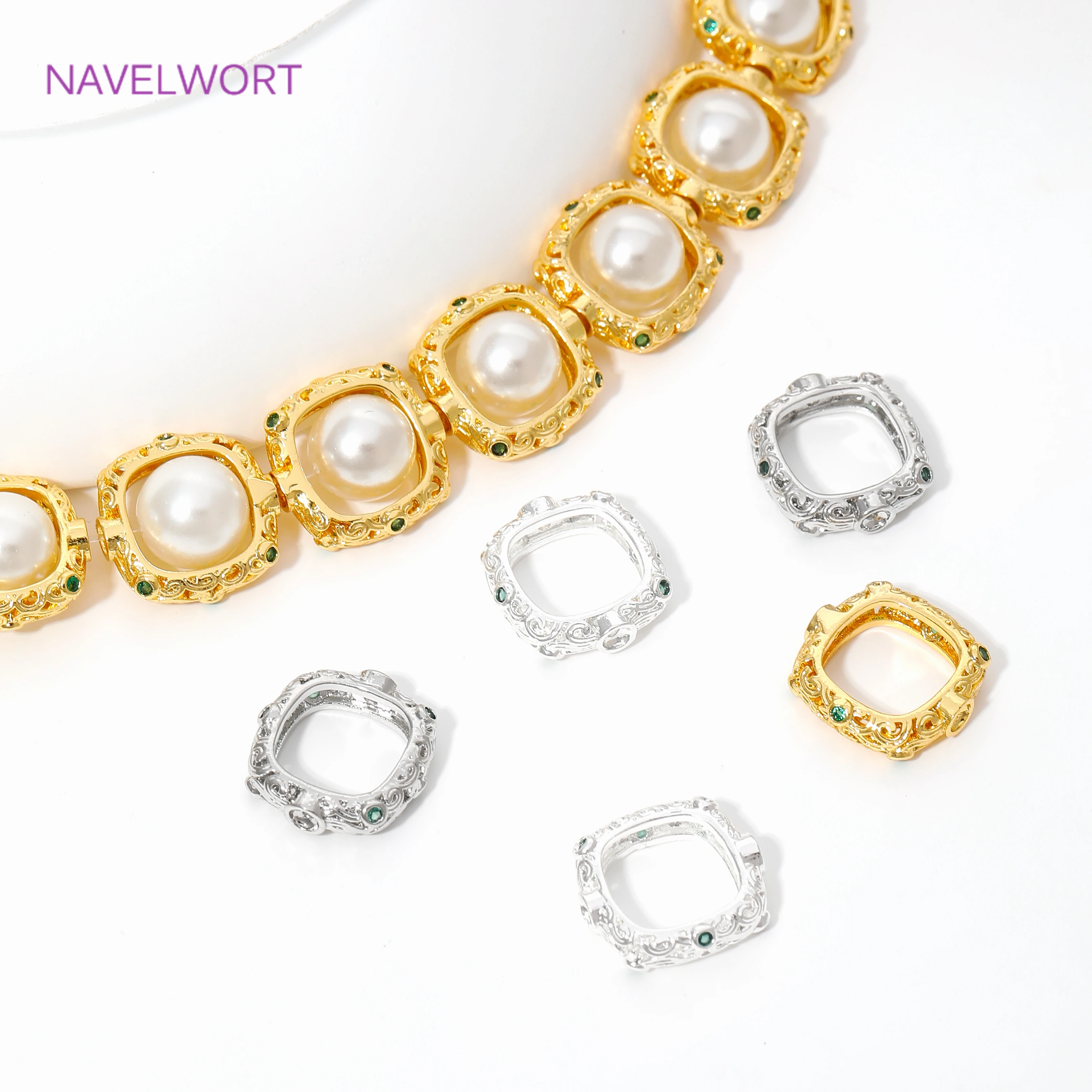 18K Gold Plated Square Frame Beads Connector,with Zircon Through Hole Bead,For DIY Bracelet/Necklace Jewelry Making Supplies