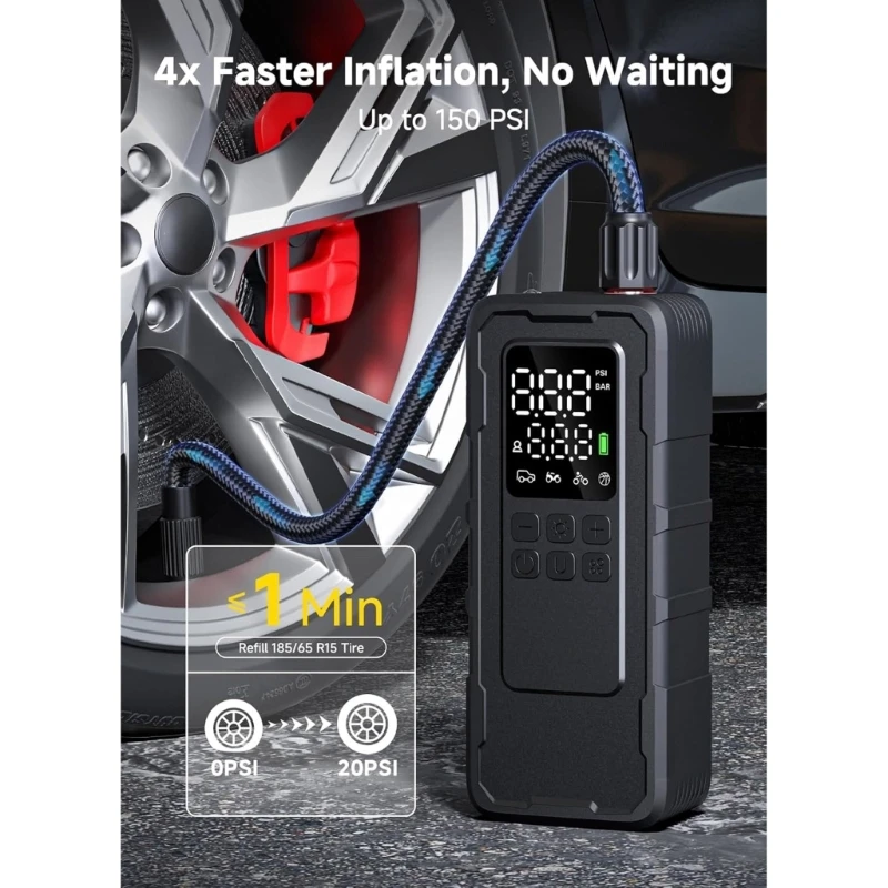 Wireless Tire Inflator 150PSI Compact Designs Tire Air Pumps for Easy Travel Use