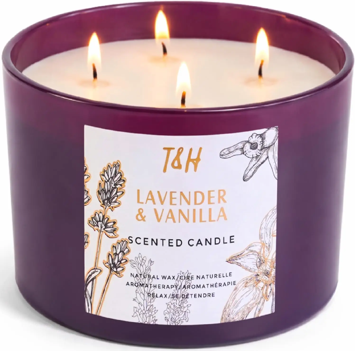 

4 Wick Extra Large Lavender Vanilla Soy Candle 20 oz, Long Lasting Clean Burn