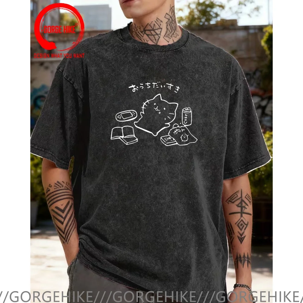 Vintage Washed Cotton T-Shirt Funny Designer Japanese Style No Plan Cat  Print T Shirt Men Fashion Trendy Casual Clothing Stylis
