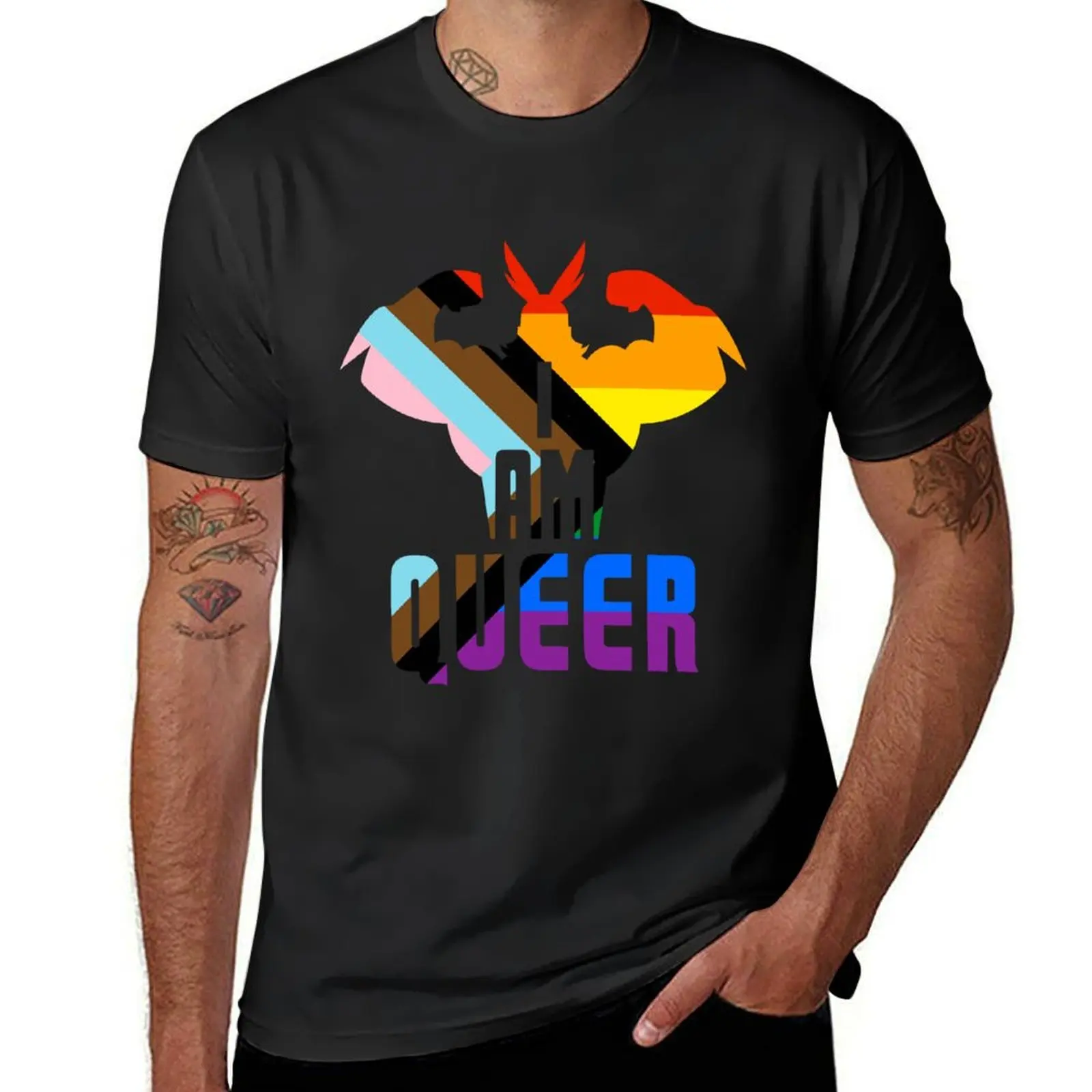 I Am Queer! - All Might Progress Rainbow Pride Flag on White T-Shirt cute tops customs oversizeds men graphic t shirts