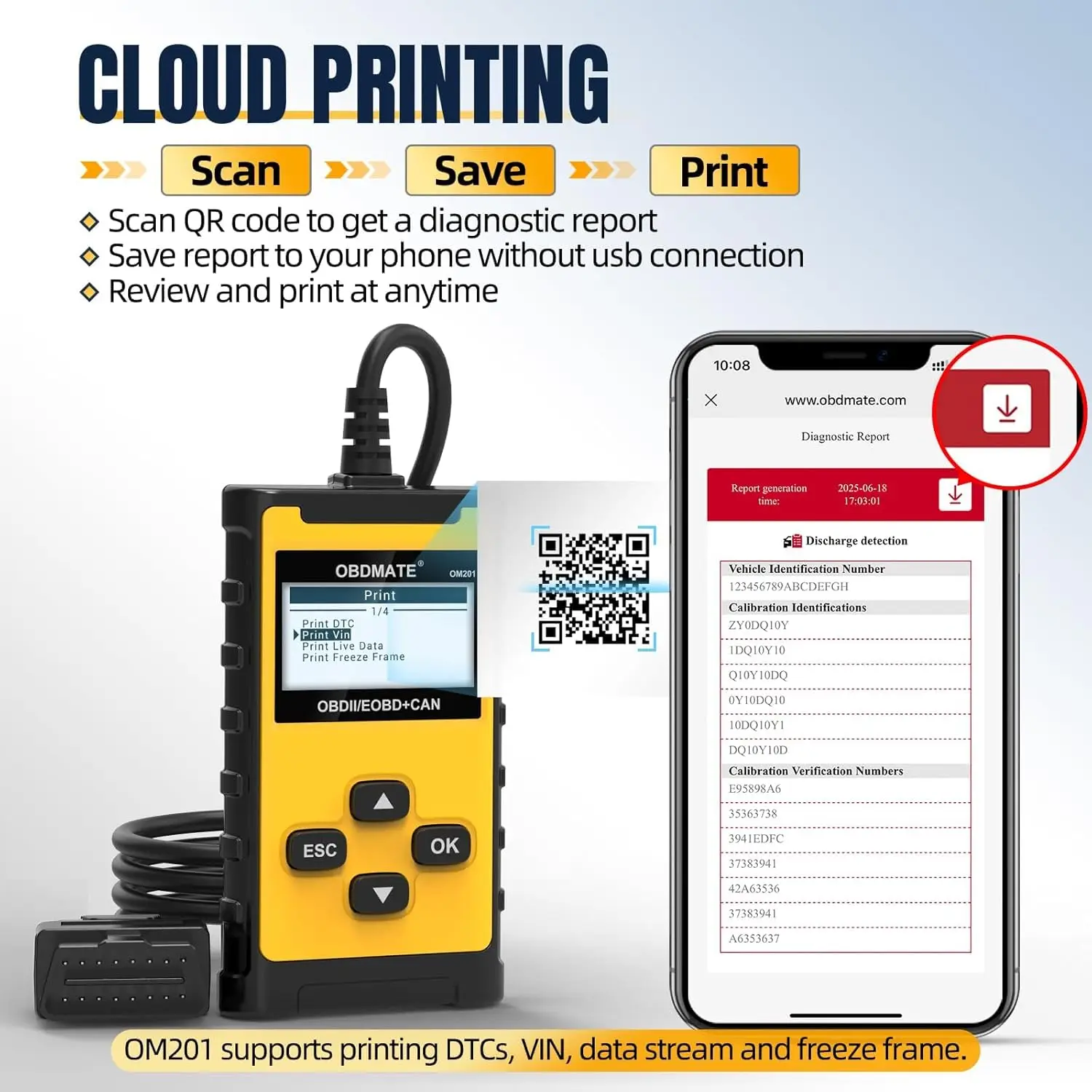 أداة تشخيص الماسح الضوئي للسيارة OM201 OBDII مع طباعة لاسلكية، بيانات حية، اختبار EVAP، مظهر DTC - أصفر