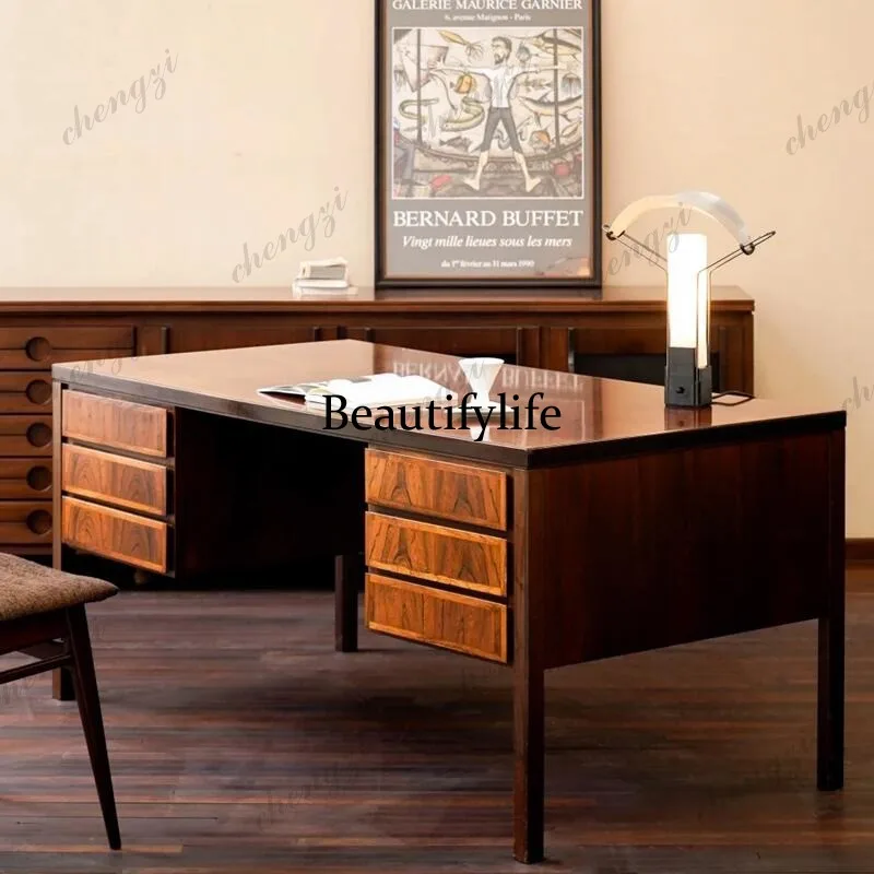 Medieval solid wood desk rose wood grain retro writing desk Nordic home desk