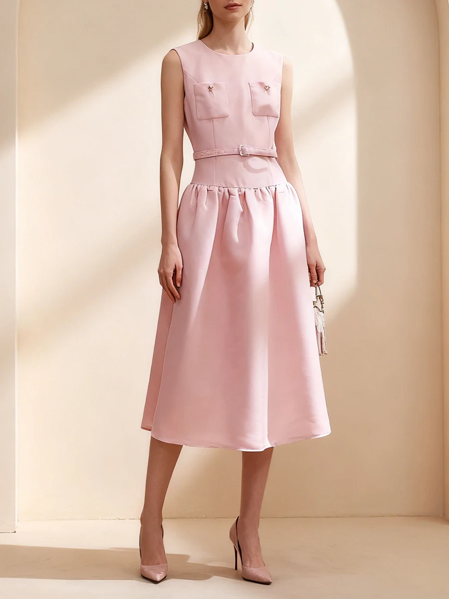 VGH Rosa Farbe Elegantes Midikleid für Frauen Rundhals Ärmellos Patchwork Schärpen Tunika Süße Party-Stil Kleider Weiblicher Stil