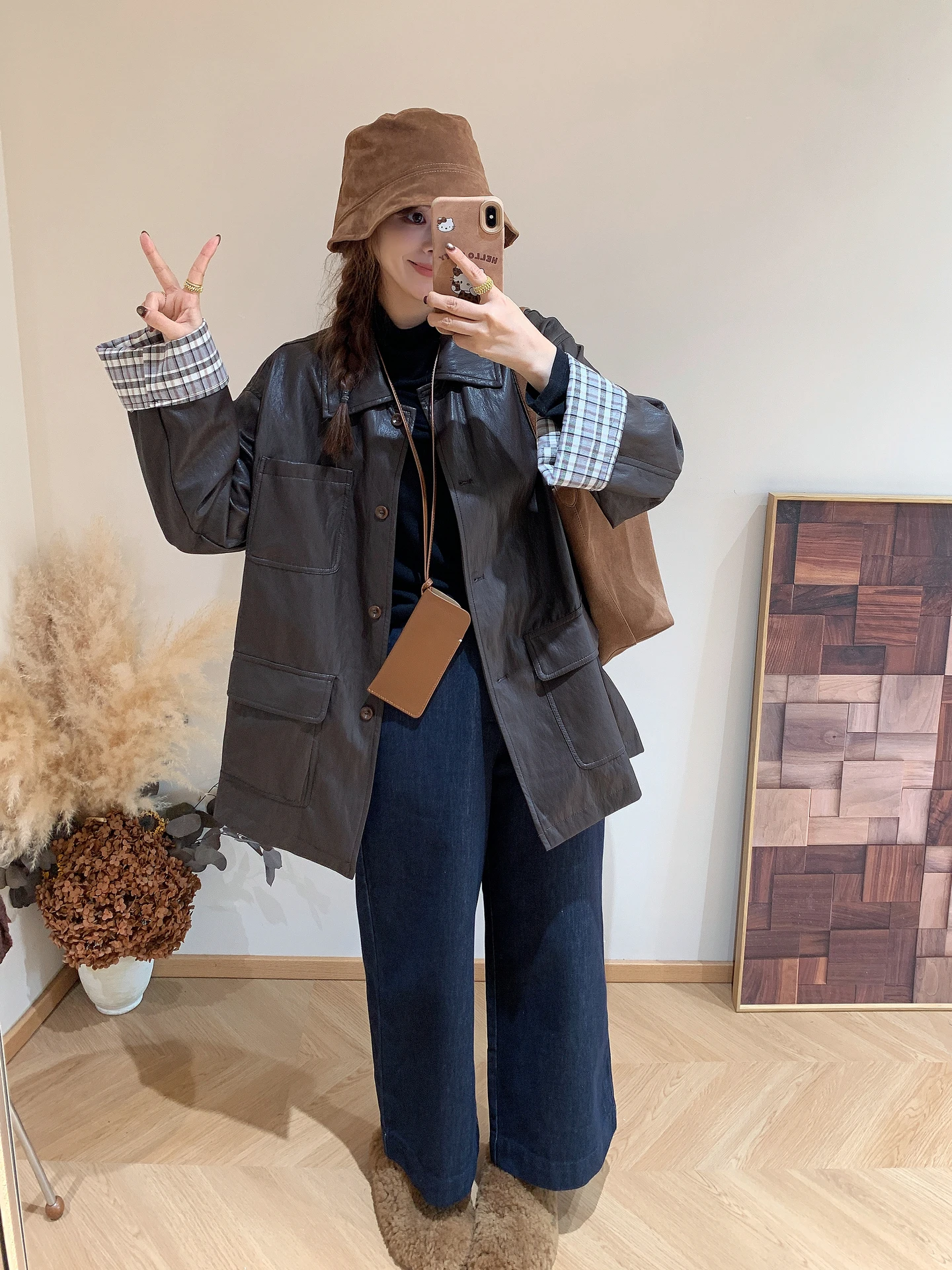 Cappotto Lungo da Donna in Pelle PU con Motivo a Quadri Retrò Coreano di Alta Qualità, Nuova Collezione Autunno Inverno