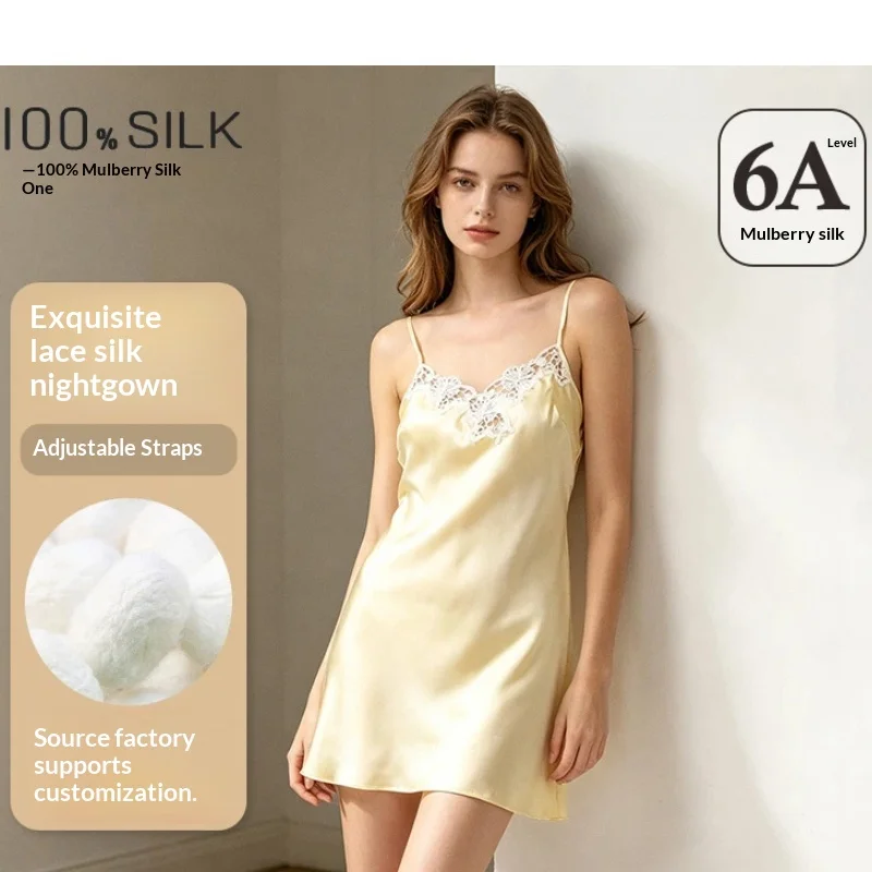 100% Natural Mulberry Silk Sexy Chemise Backless Nightdress Lingerie Summer Pajama Dress Lace Trim Women Slip Nighty Sleepwear