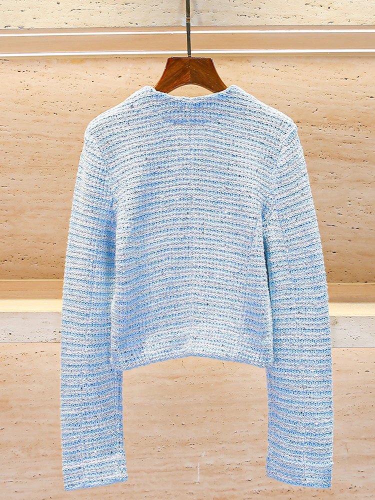 M 홈 난 유 고급 여성 니트 가디건 2025년 봄 초시즌 스몰 프래그런스 스타일 블루 화이트 스트라이프 재킷