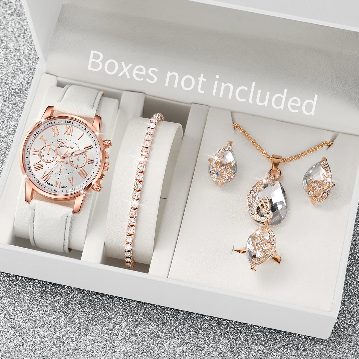 6PCS/Set Women's Watch Fashion Roma Dial Leather Band Quartz Watch Rhinestone Jewelry Set（Without Box）