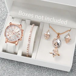 6PCS/Set Women's Watch Fashion Roma Dial Leather Band Quartz Watch Rhinestone Jewelry Set(Without Box)