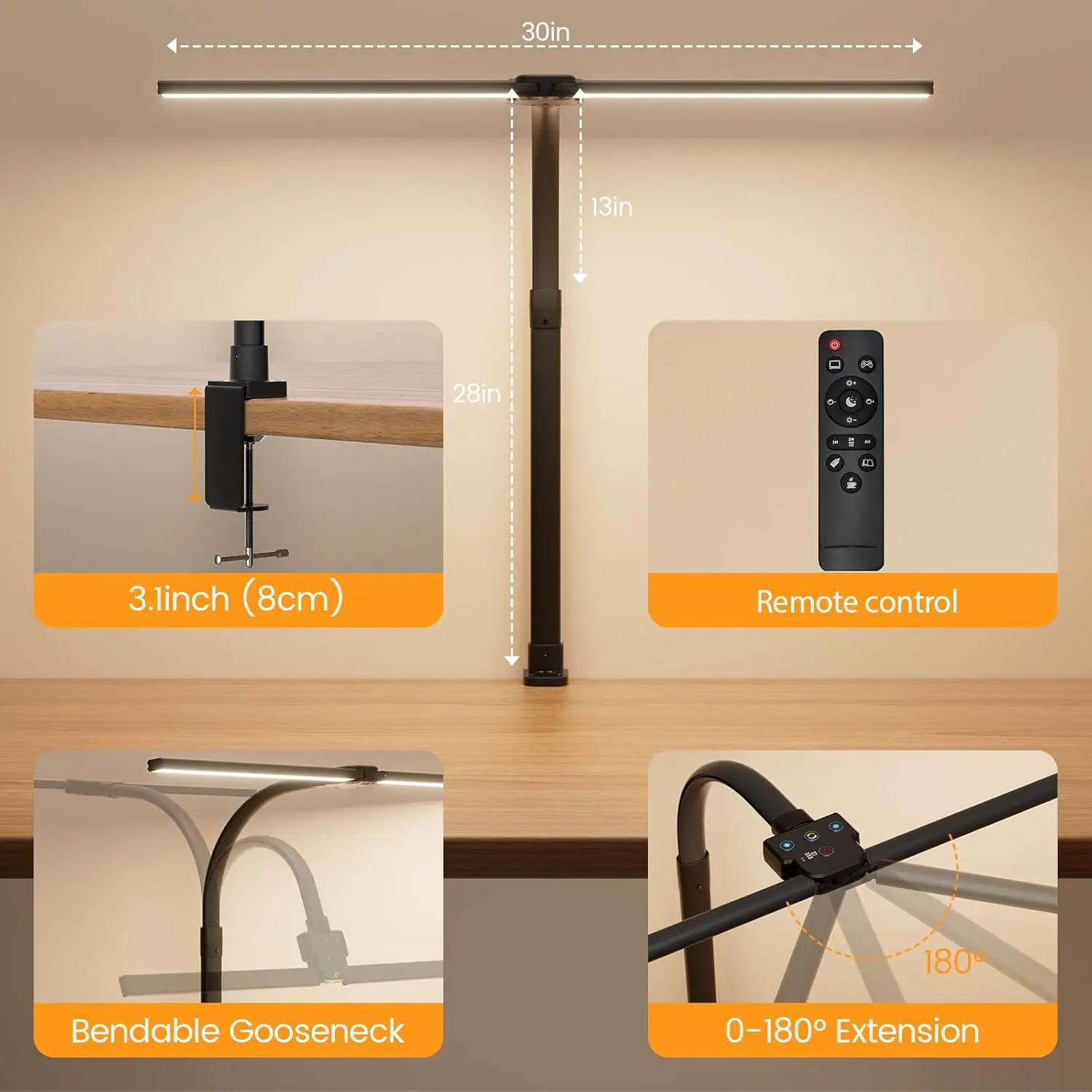 24W LED Desk Lamp with Remote Control, Dimmable Double Head Gooseneck Light for Home Office