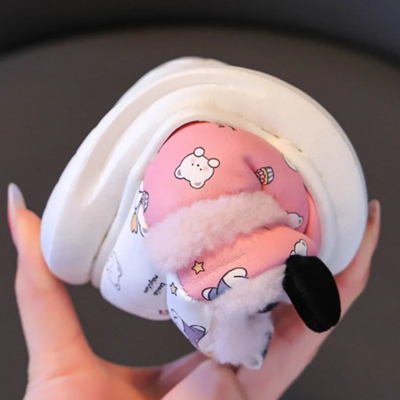 Bear Cartoon Printed Kids Winter Slippers PU Slip On Boys Girls Slippers Warm Plush Soft Bottom Toddler Children Indoor Shoes