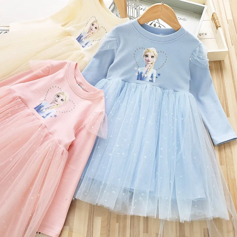 New Disney Girls Dress Long-sleeved Princess Dress for Children Gauze Kids Dress Frozen  Elsa Anna Birthday Party Clothes 2-8T