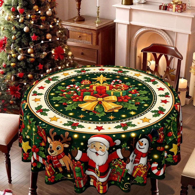 1 tablecloth, Christmas-themed round tablecloth with Santa, reindeer, snowman and holiday decorations