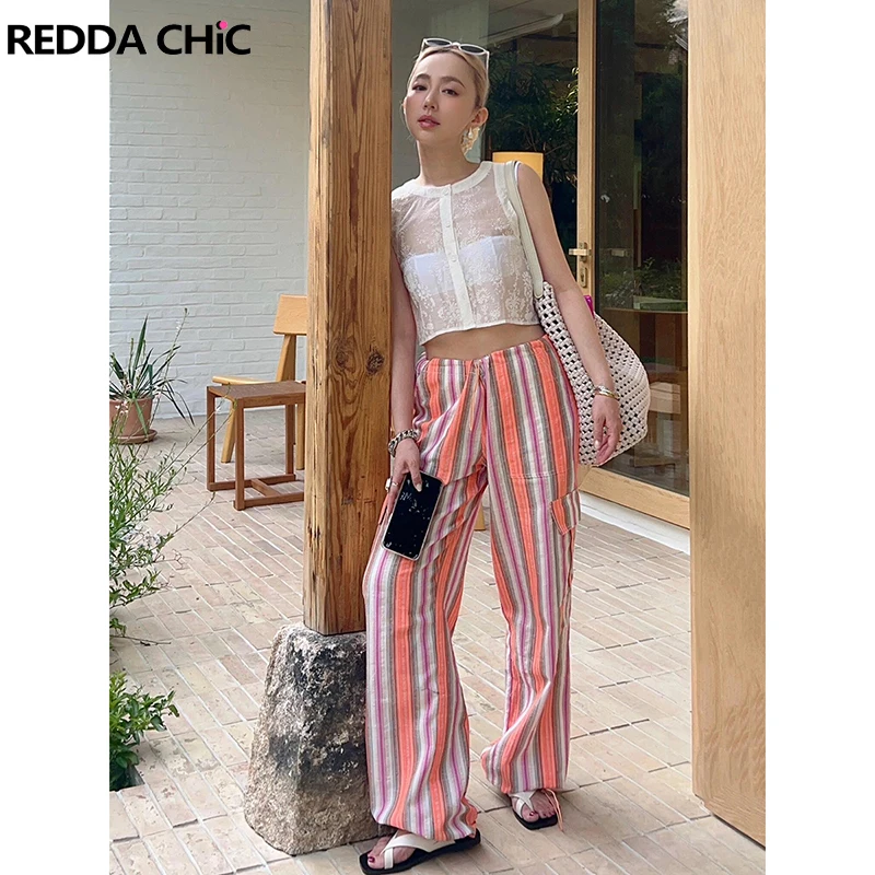 REDDACHiC Cargo Pockets Striped Casual Pants Women Drawstring Trousers Cotton Linen Parachute Wide Pants Holiday Summer Clothes