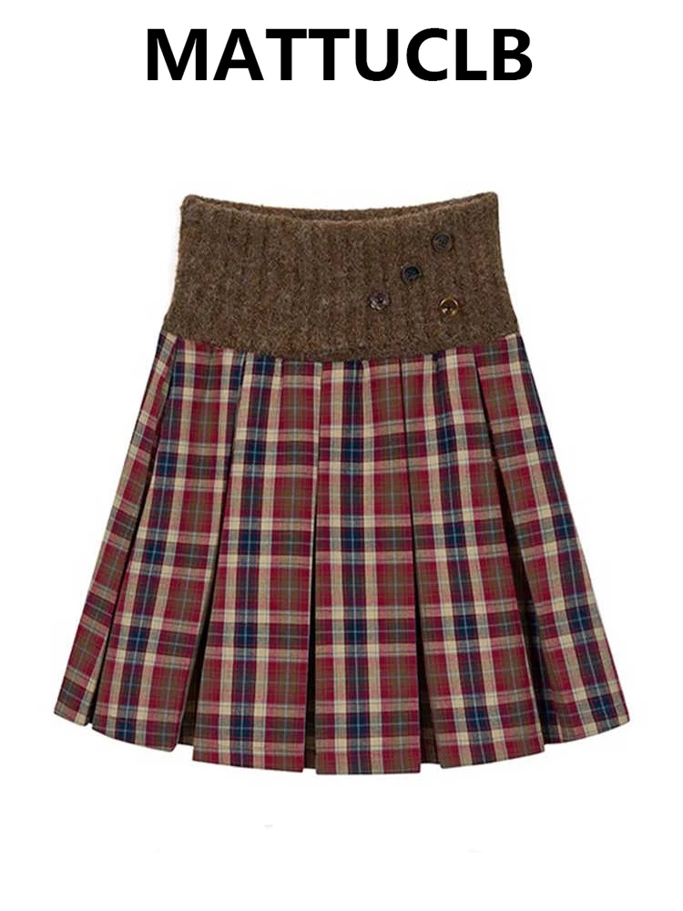 

Autumn Winter Women's Midi Plaid Skirt A-line Preppy Skirt Patchwork Vintage Aesthetic 2000s Pleated Skirt Party Coquette Y2k