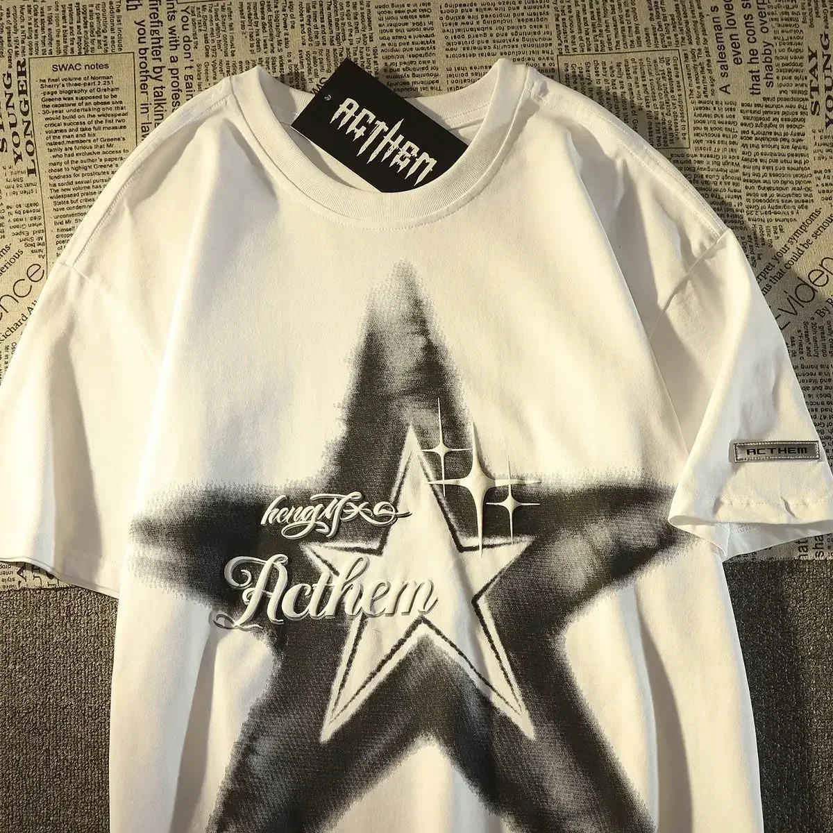 American Street Hiphop Star Print Short Sleeve T-shirt for Men and Women Y2K Clothing Oversize Summer Relaxed Casual Couple Top