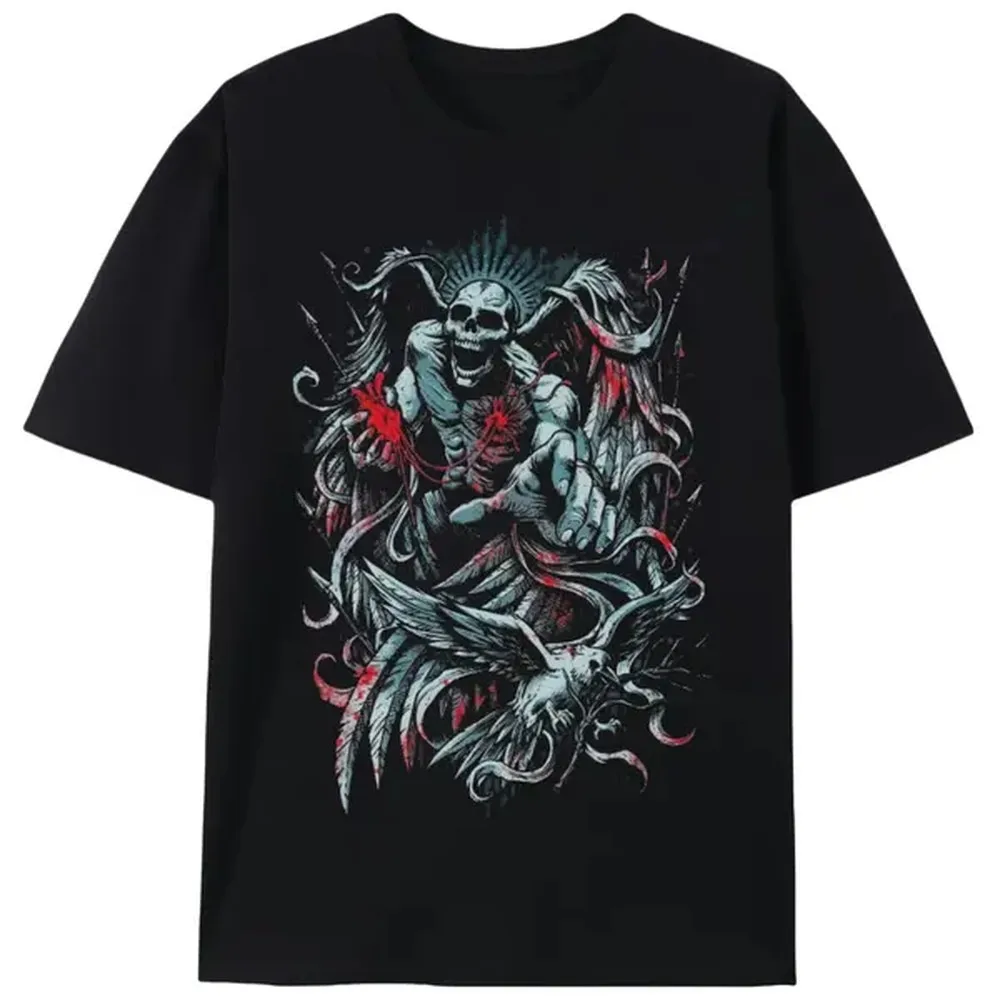 Men's Gothic T-Shirt, Fallen Angel Skull & Crow Graphic, Heavyweight 200g/m2 Stretch Knit Cotton, Short Sleeve Round Neck Streetwear, Tshirt, Tops, Shortsleeve, Menswear, Print, Fabric, Skull Print, Gothic Look, Crew Neck, Knitting, Casual, Minimalist
