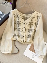 Blusas bordadas de encaje con una sola botonadura para mujer, Camisa de gasa fina elegante, Tops informales sueltos de manga larga